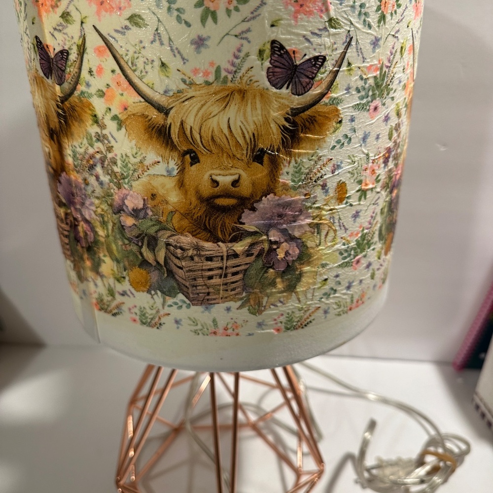 Rose Gold Metal  Bedside Lamp With Decoupaged Floral Highland Cow Shade - Picture 3 of 13